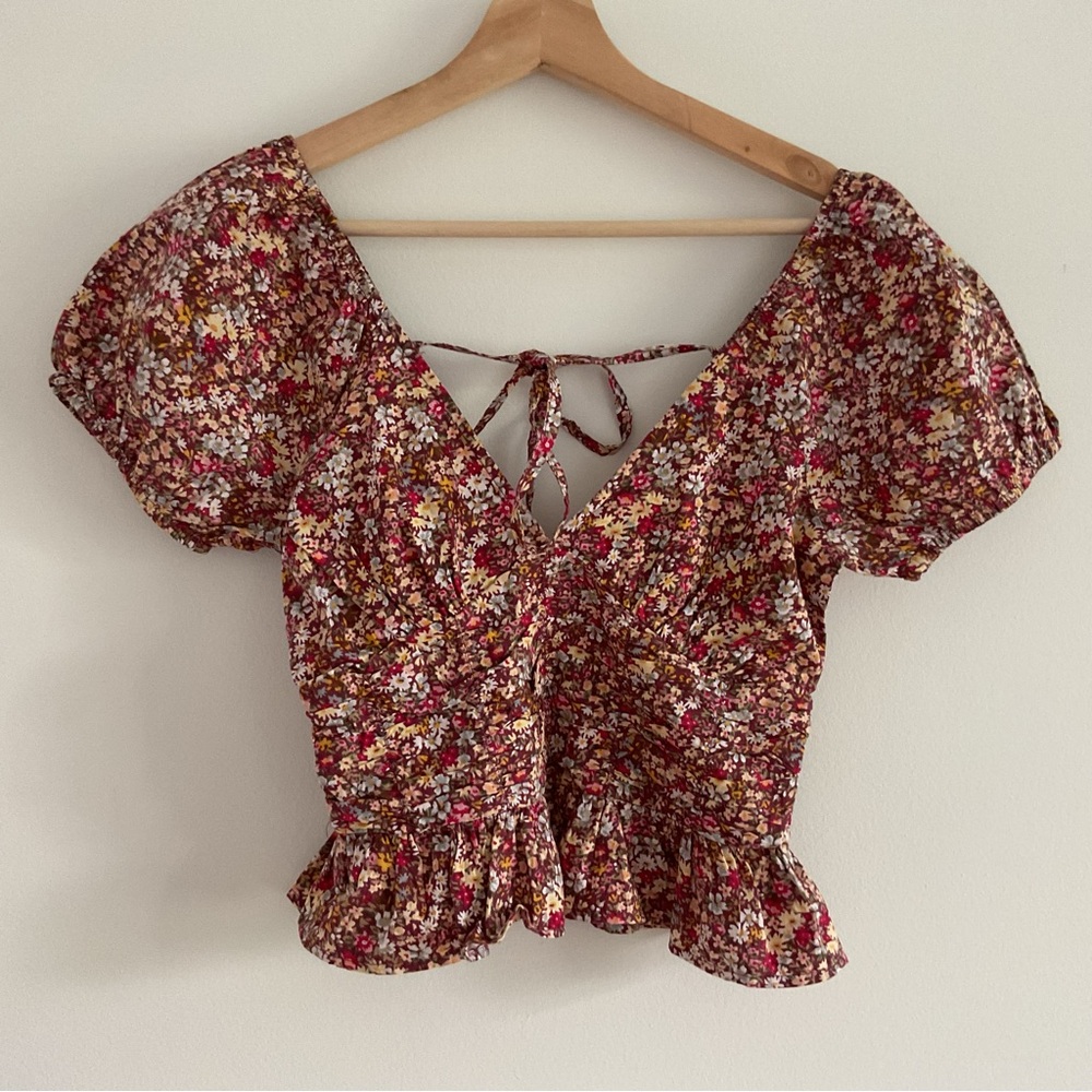 Sim & Sam Floral Daisy Short Puff Sleeve Crop Top Cotton Boho Cottagecore Small